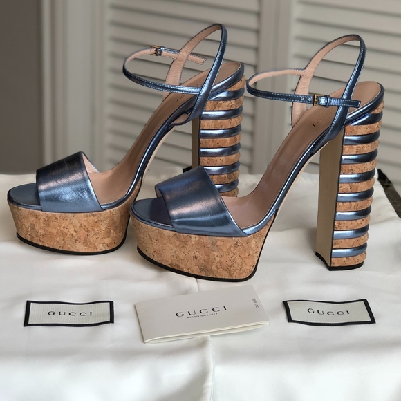 Gucci Shoes - GUCCI BLUE CLAUDIE LEATHER CORK PLATFORM Size 40.5